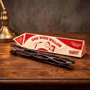 May include: A dark brown, porous, cylindrical wooden stick positioned in front of a triangular cardboard box. The box is white and red with the text ONE WISH WILLOW, AMAZE YOUR FRIENDS!, and You only get ONE WISH, featuring illustrations of two faces.