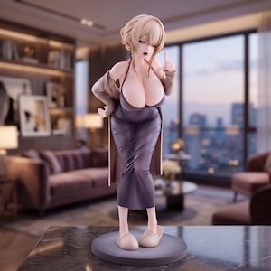 May include: A collectible anime-style figurine of a blonde character wearing a dark purple halter-neck dress and a beige cardigan. The figure stands on a circular base, wearing light-colored slippers, with one hand raised in a pointing gesture.