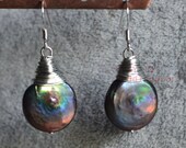 16 mm coin pearl earrings, wire pearl earrings, dangle pearl earrings,peacock black pearl earrings, big coin pearl earrings