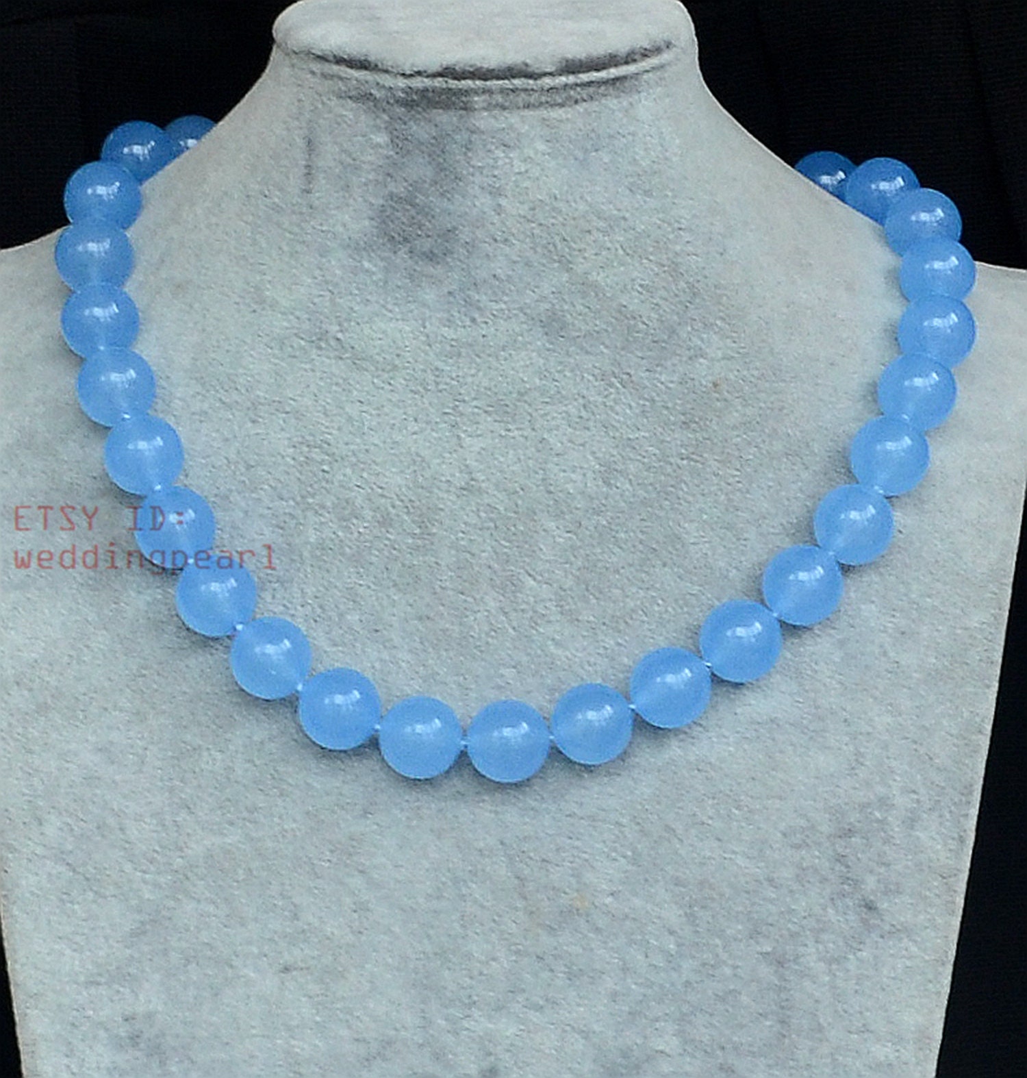 14mm Light Blue Jade Necklace, Single Strand Big Light Blue