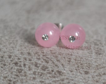 Pink Jade Stud Earrings, Rhinestone Accent, Stainless Steel