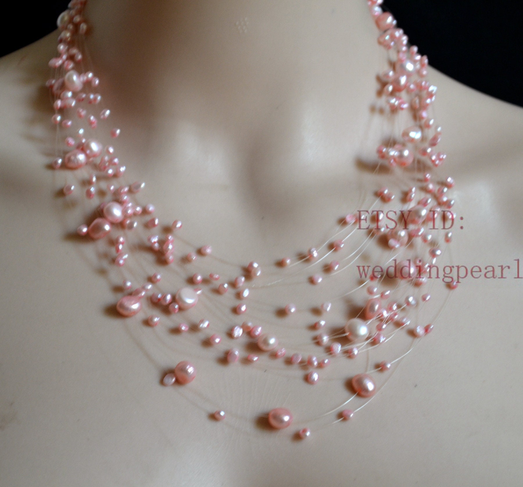 Floating pearl necklace, Wedding Jewelry