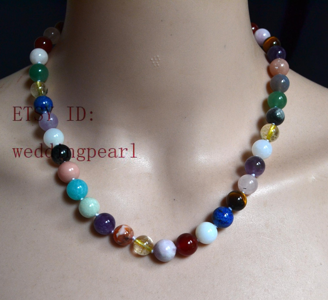 10mm Multicolor Gemstone Necklace, Natural Stone Bead Strand - Etsy Israel, image size:1080x987
