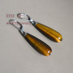 Natural Tiger Eye Stone earrings, 10x30mm tiger eye drop earrings, long brown bead earring, dangling earrings, statement earrings