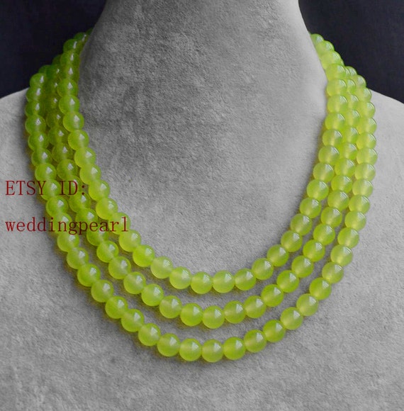 Collier En Jade Vert émeraude 395 Carats - 3 Rangs 6mm, Fermoir Camée