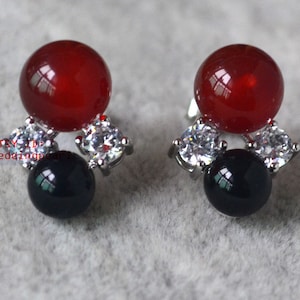 black and red earrings,red and black agate earrings,double beads earrings,real stone ear rings,Christmas present,agate and zircon,red black
