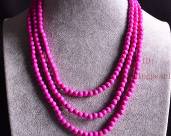 55 inches 6 mm hot pink turquoise necklace, single strand turquoise long necklace,pink statement necklace,man-made purple bead necklaces