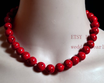 Red Turquoise Bead Necklace, 12mm Round Beads
