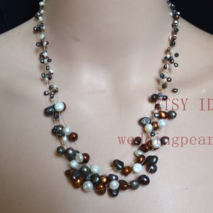 Floating necklace, black white brown, Multicolor Illusion Necklace, seven strands Necklace, real pearl necklace, statement necklace