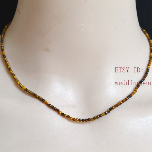2.3mm tigers eye stone necklace, single strand tigers eye beaded necklace, small tiger stone necklace, real stone necklace, yellow beads