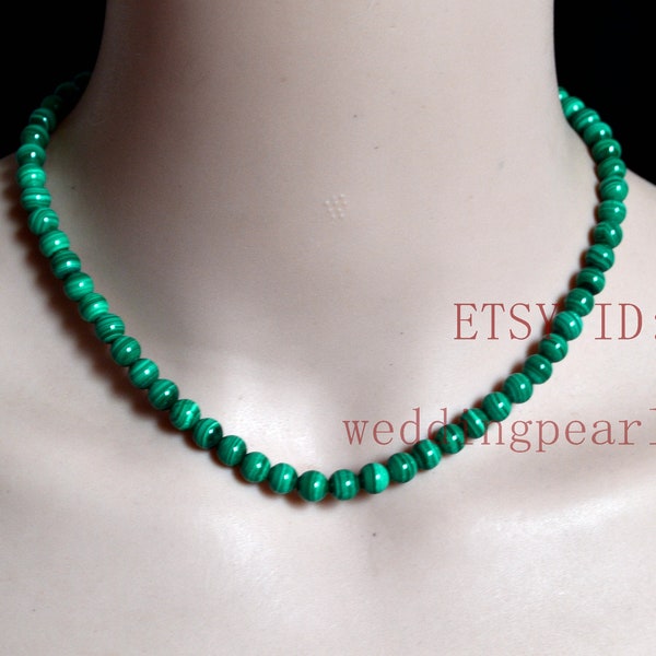 Natural malachite necklace, 6mm real malachite beaded necklace, girl necklace, green beads necklace, dainty beaded gemstone necklace