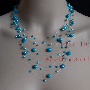 Blue Floating Necklace, 16-22 inchs light blue pearl necklace, Illusion Necklace, real pearl necklaces, wedding necklace, statement Necklace