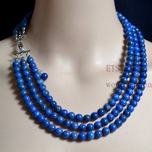 Natuurlijke Lapis Lazuli ketting, 3 strengen 8mm blauwe kralen ketting, blauwe stenen kettingen, statement ketting, echte stenen ketting