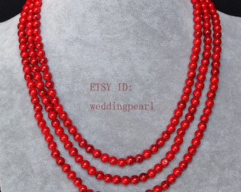 55 inches 6 mm red turquoise necklace, single strand turquoise long necklace,red statement necklace,man-made turquoise bead necklaces