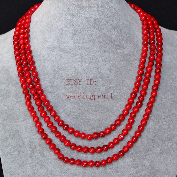 55 inches 6 mm red turquoise necklace, single strand turquoise long necklace,red statement necklace,man-made turquoise bead necklaces