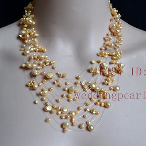 More strands Peach Floating Necklace, peach pearl necklace, Illusion Necklace, real pearl necklace, wedding necklace, statement Necklace