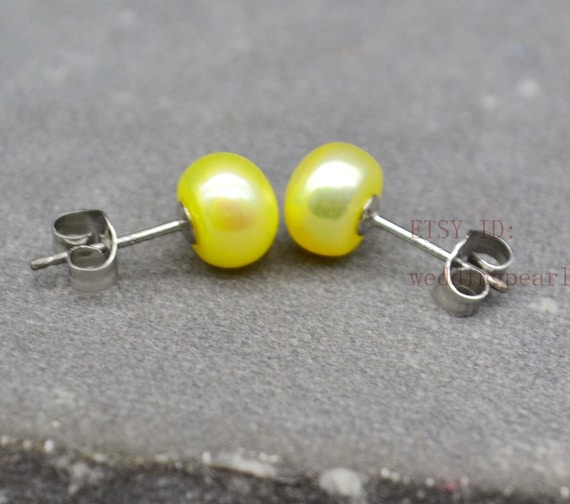 Yellow pearl earrings 7.6 mm dyed yellow freshwater pearl stud earrings real pearl earrings sterling silver post earrings women earring