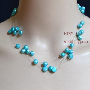 light blue pearl necklace, 17.5 inch real pearls Floating Necklace, Illusion Necklace,  Multistrand Necklace, baroque pearl necklace