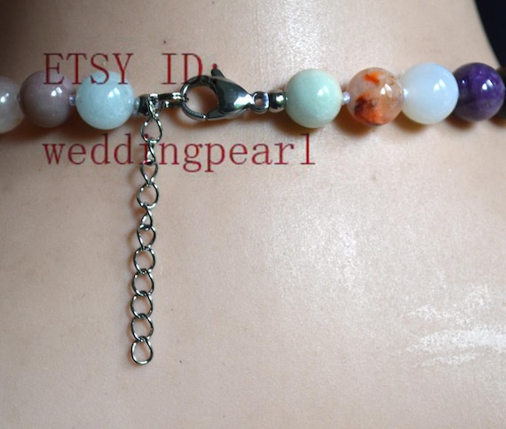 Collier 15 Perles Agate Multicolore 8 Mm - Chaîne Acier Inoxydable, Neuf Avec étiquettes