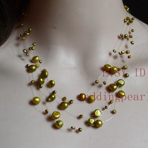 brown green Necklace, 5 strands Floating pearl Necklace, Illusion Necklace,Multistrand Necklace, Real Pearl Necklace