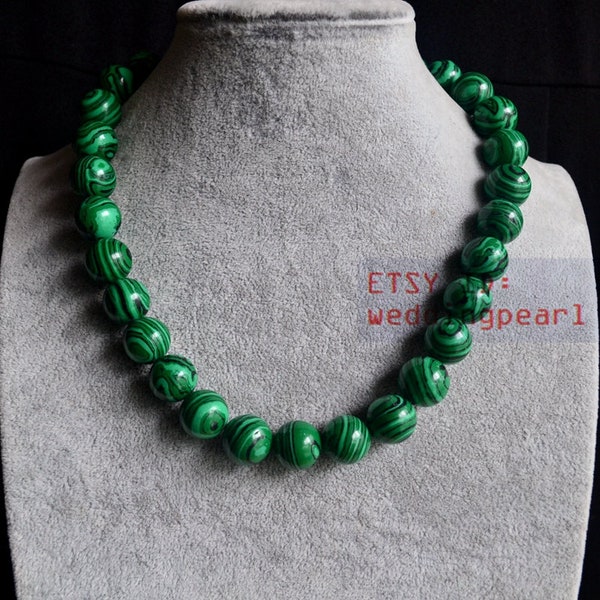 14mm malachite necklace,single strand green bead necklace,mother gift,man-made malachite necklace, women necklace,bead chocker necklace