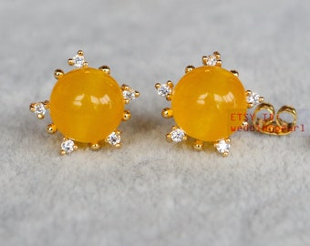 yellow  jade  earrings, yellow beaded with gold post earrings, yellow color stud earrings,statement earrings,yellow earrings stud