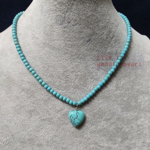 turquoise heart-shaped necklace,small turquoise with a heart-shaped pendant, turquoise pendant necklace,little cut heart turquoise beaded
