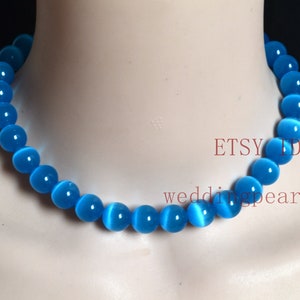blue cat&#39;s eye stone necklace,12mm glass beaded necklace, light blue beaded necklace,women necklace, statement necklace