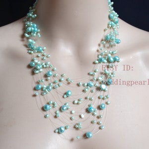 light Blue Floating Necklace, 17-24 inchs pearl necklace, Illusion Necklace, real pearl necklaces, statement Necklace