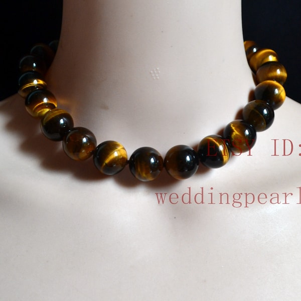 natural tiger's-eye stone necklace,16mm tiger eye beaded, yellow tiger eye beads necklace, statement necklace, smooth hawk's-eye necklace