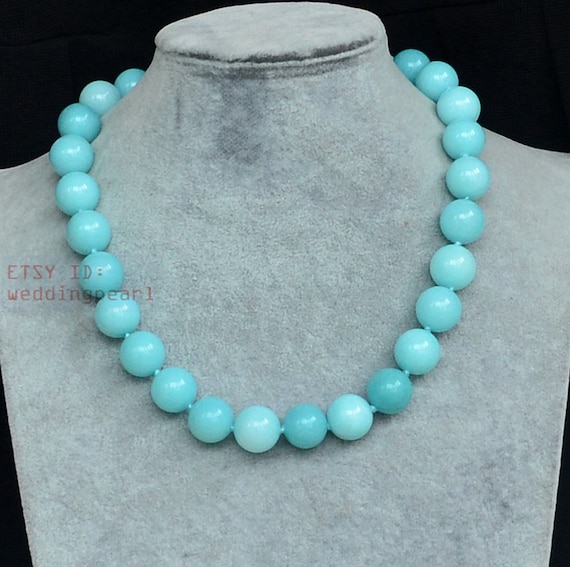 ★HAS★ HLD012 Blue jade bead Necklace 14mm Light Blue Jade Necklace, Single Strand Big Light Blue