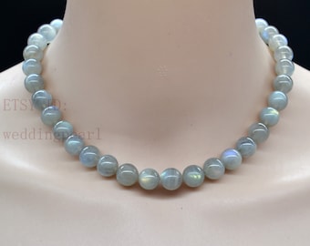 Natural gray moonstone necklace,10 mm gray bead necklace, women necklace, statement necklace
