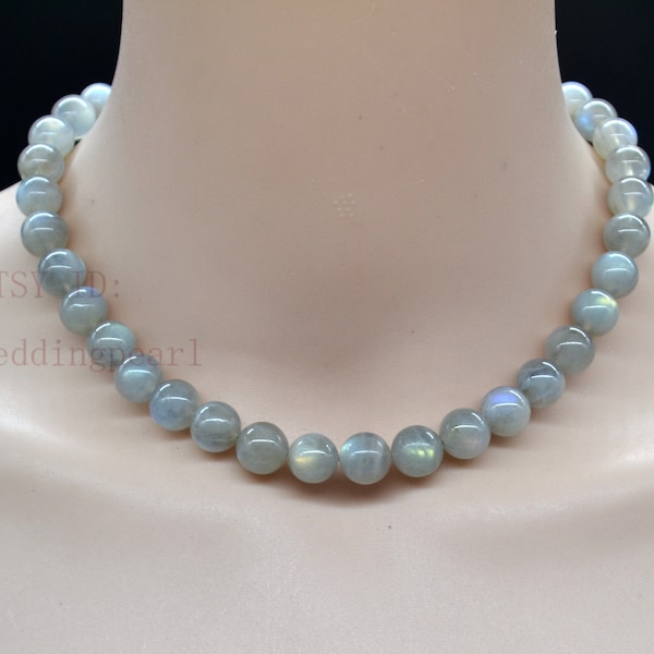 Natürliche graue Mondstein Halskette, 10 mm graue Perlenkette, Frauen Halskette, Statement Kette