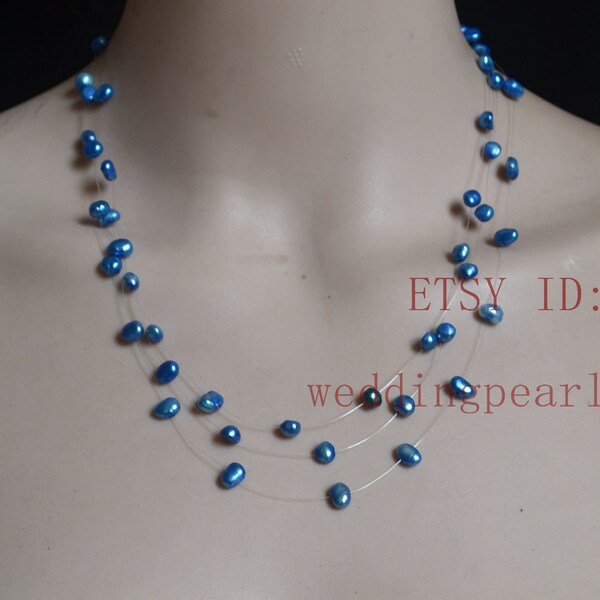 blue Pearl Necklace, 3 strands, Floating blue Necklace, Illusion Necklace, Multistrand Necklace, Real Pearl Necklace