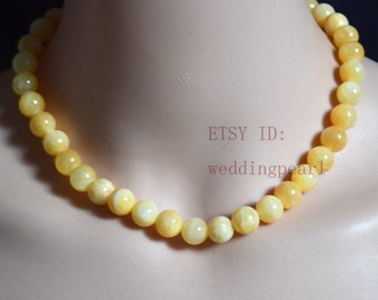 10mm light yellow jade necklaces, single strand yellow color beaded necklace, natural jade necklace, mother necklace,statement necklace