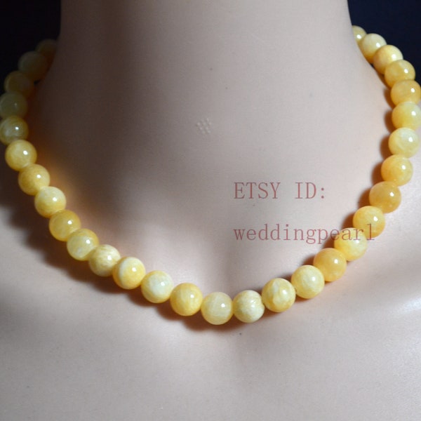 10mm hellgelbe Jade Halsketten, Einzelstrang gelbe Farbe Perlenkette, natürliche Jade Halskette, Mutter Halskette, Statement-Halskette