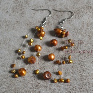Brown Beads Floating Earrings, Illusion earrings, wedding earring, dangle pearl earrings, freshwater pearl earrings, brown pearl earrings