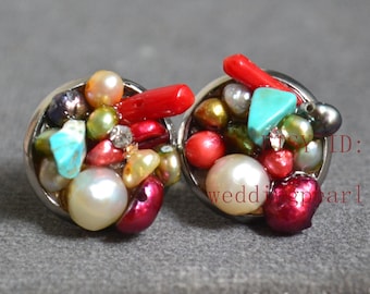 Colorful Pearl Cluster Stud Earrings, Handmade Stainless Steel (14mm)