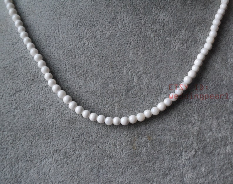 single strand 4 mm white shell necklace, mother of pearl necklace,statement necklace,small white bead necklaces, flower girl necklace image 2