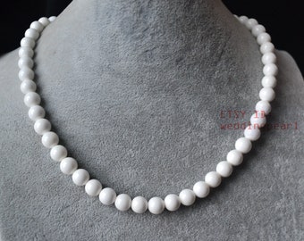 8mm white shell necklace, sing strand white bead necklace, bridesmaid necklace, white color necklace,women necklace,statement necklace