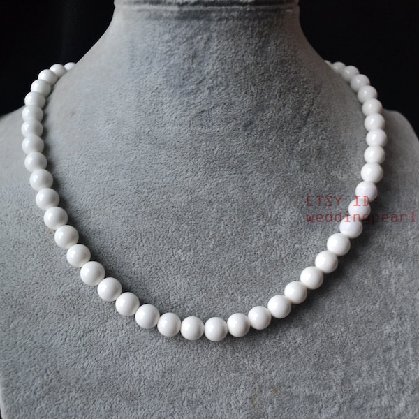 8mm white shell necklace, sing strand white bead necklace, bridesmaid necklace, white color necklace,women necklace,statement necklace