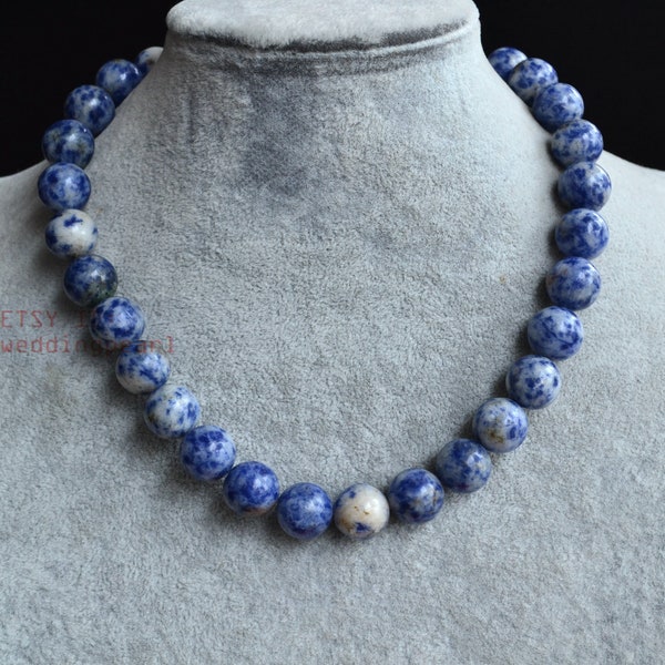 12.5mm Sodalite stone necklace, hand knotted each bead,single strand white and blue color bead necklace,statement necklace