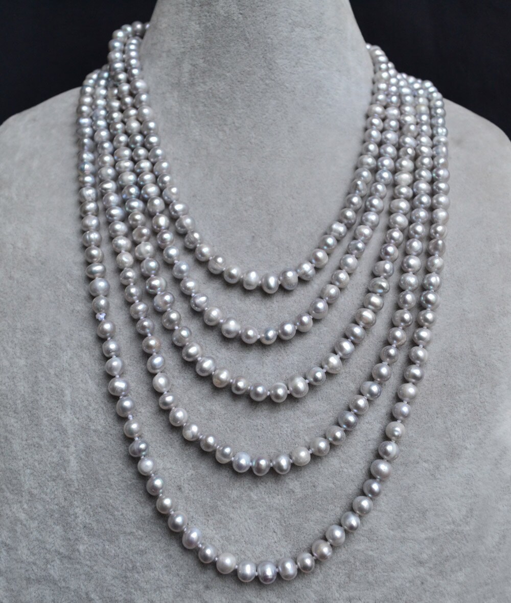 Long grey pearl best sale necklace
