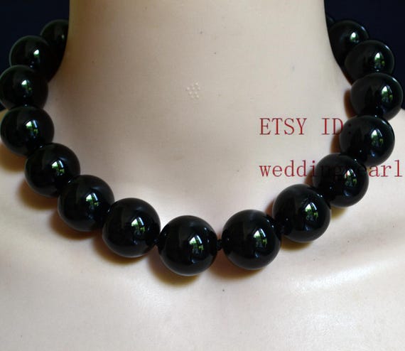 Very Big Black Agate Bead Necklace, 20mm Black Bead Necklace