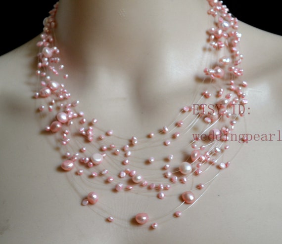 Pink Floating Necklace, 20 Strands, Illusion Necklace, Multistrand