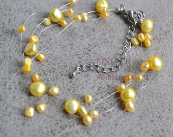 Yellow Floating Bracelet,Illusion yellow Bracelet, multi-strands pearl Bracelet, genuine pearl bracelet, yellow freshwater pearl bracelet