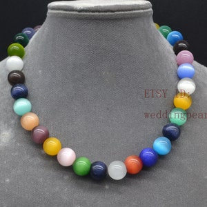 multicolor cat&#39;s eye stone necklace,12mm glass beaded necklace,colourful bead necklace,women necklace, statement necklace, colorful necklace