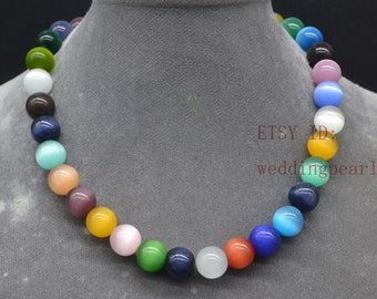 multicolor cat's eye stone necklace,12mm glass beaded necklace,colourful bead necklace,women necklace, statement necklace, colorful necklace