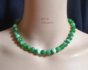 Green Glass Beaded Necklace, Stainless Steel Clasp, 10mm