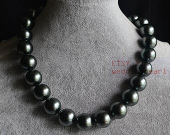 Big black bead necklace 16mm mother of pearl necklace black beaded necklace bridesmaid necklace statement necklace Imitated Pearl Necklace